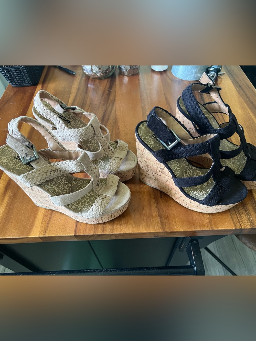 Soda Braided Wedge Sandals - Beige and Black 8.5